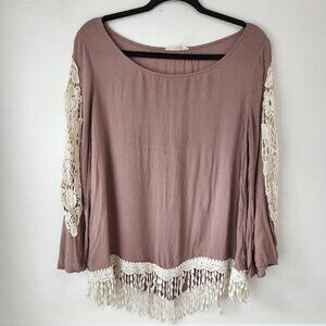 Entro Crochet Lace Tassel Sleeves Boho Long Sleeve Shirt Top Women's S